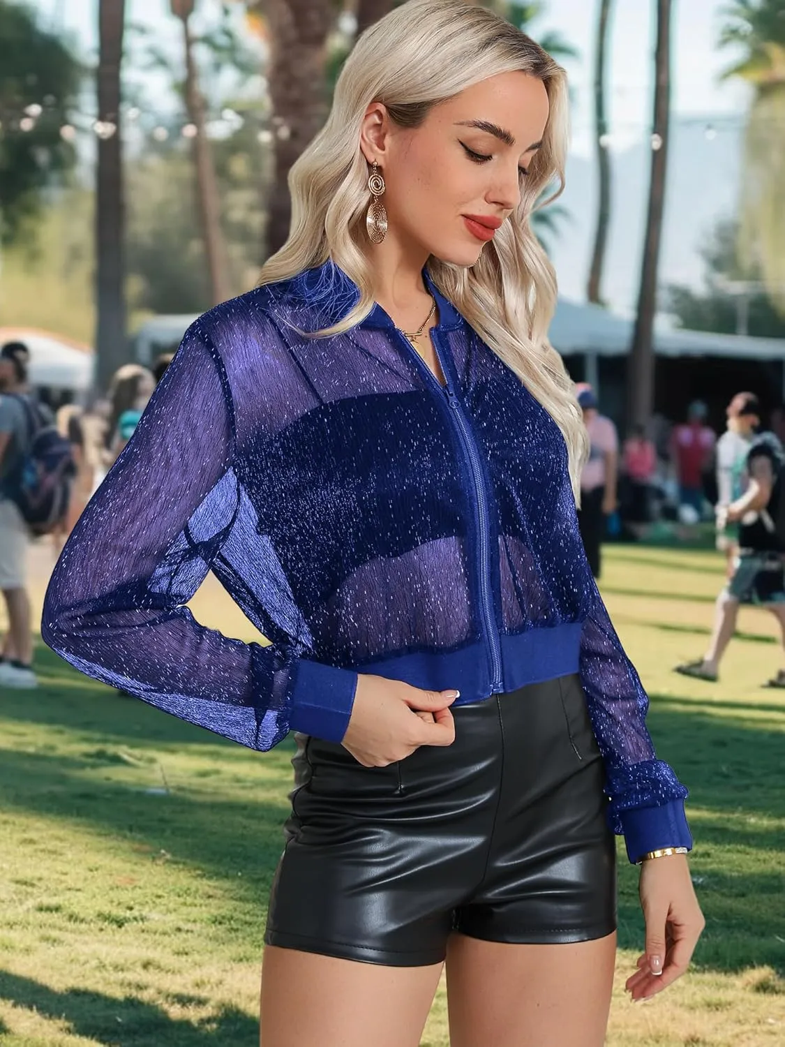 Nlife Women Sheer Mesh Sparkly Bomber Jackets See Thru Glitter Shiny Rave Lightweight Zip Up Crop Jacket Outwear
