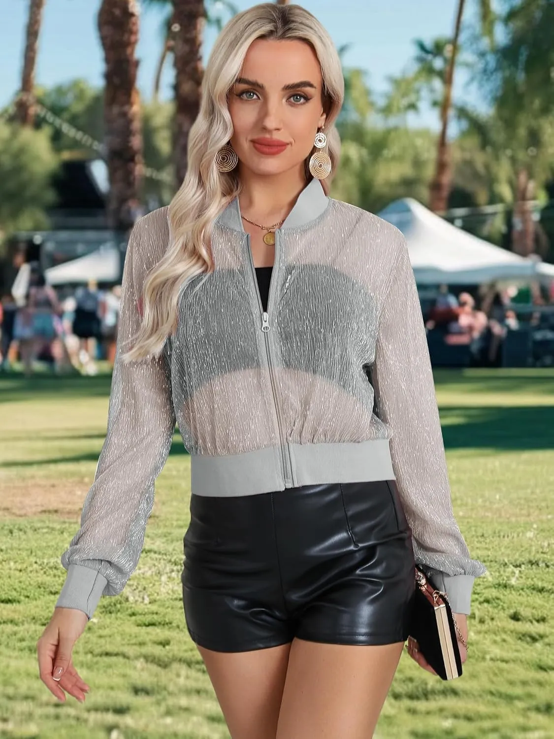 Nlife Women Sheer Mesh Sparkly Bomber Jackets See Thru Glitter Shiny Rave Lightweight Zip Up Crop Jacket Outwear