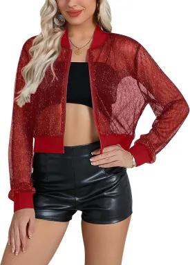 Nlife Women Sheer Mesh Sparkly Bomber Jackets See Thru Glitter Shiny Rave Lightweight Zip Up Crop Jacket Outwear