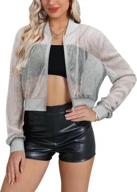 Nlife Women Sheer Mesh Sparkly Bomber Jackets See Thru Glitter Shiny Rave Lightweight Zip Up Crop Jacket Outwear