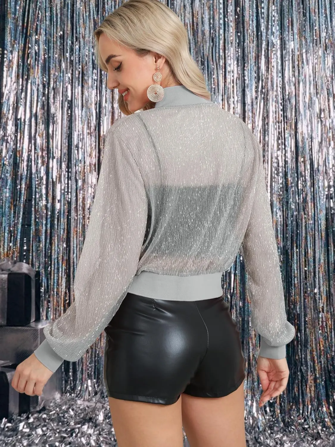 Nlife Women Sheer Mesh Sparkly Bomber Jackets See Thru Glitter Shiny Rave Lightweight Zip Up Crop Jacket Outwear