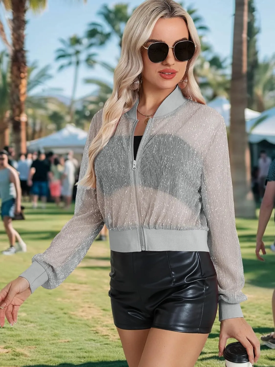 Nlife Women Sheer Mesh Sparkly Bomber Jackets See Thru Glitter Shiny Rave Lightweight Zip Up Crop Jacket Outwear