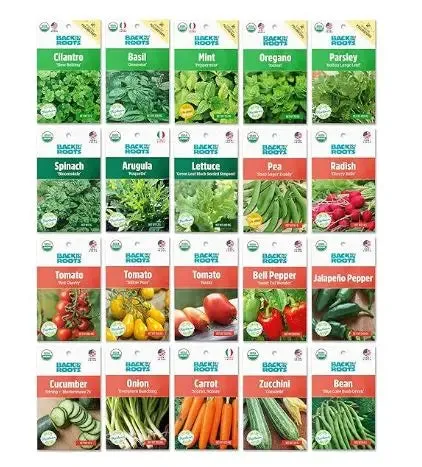 Organic Non-GMO Herbs and Veggie Seeds, Pack of 20