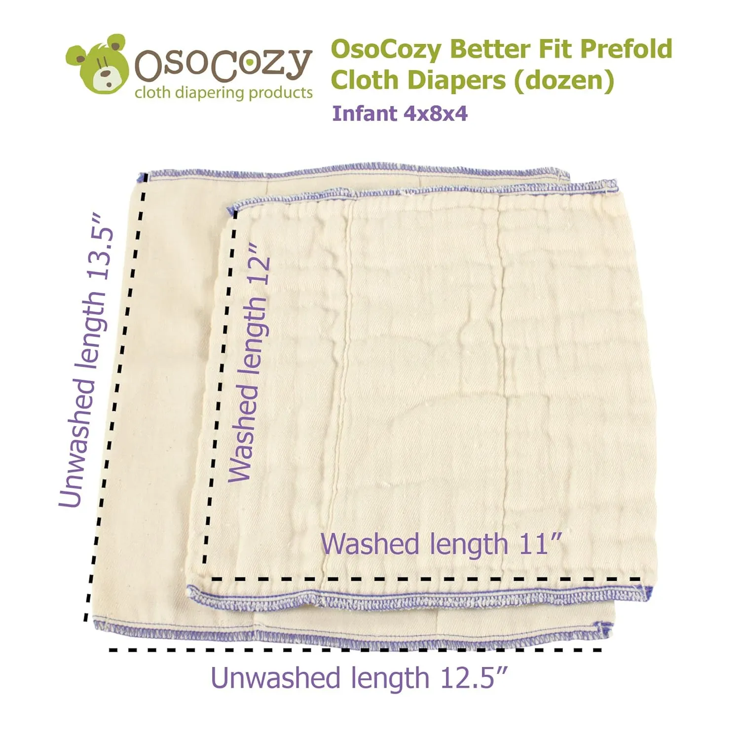OsoCozy Economy Prefold Diaper Package - 3 Dz. Infant 4x8x4 Unbleached Better-Fit 100% Cotton Prefold Diapers (6-16 lbs) & 4 One-Size Diaper Covers (4 Polar White)