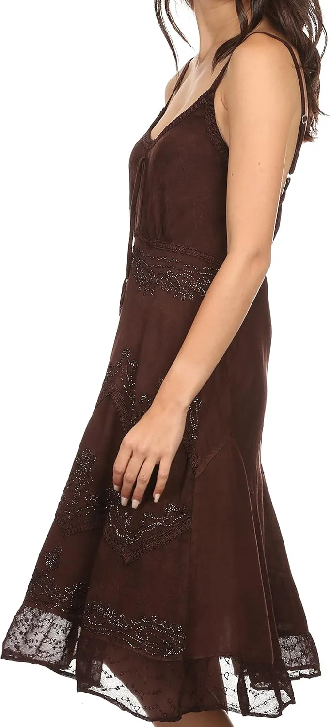 Sakkas Stonewashed Rayon Adjustable Spaghetti Straps Mid Length Dress