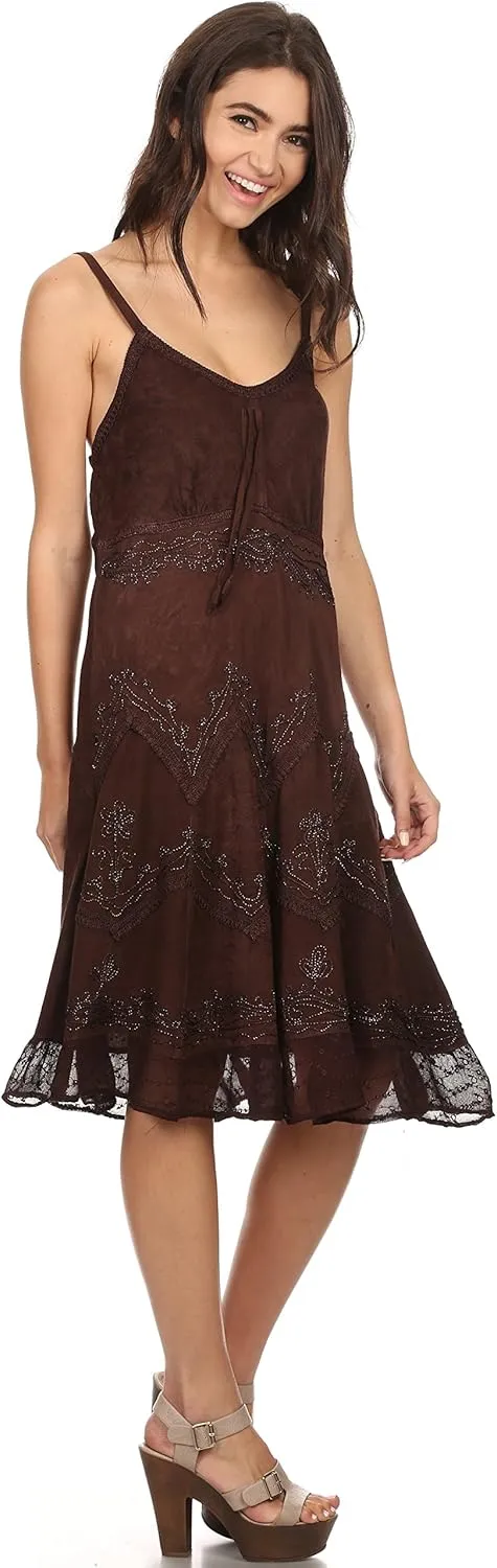 Sakkas Stonewashed Rayon Adjustable Spaghetti Straps Mid Length Dress