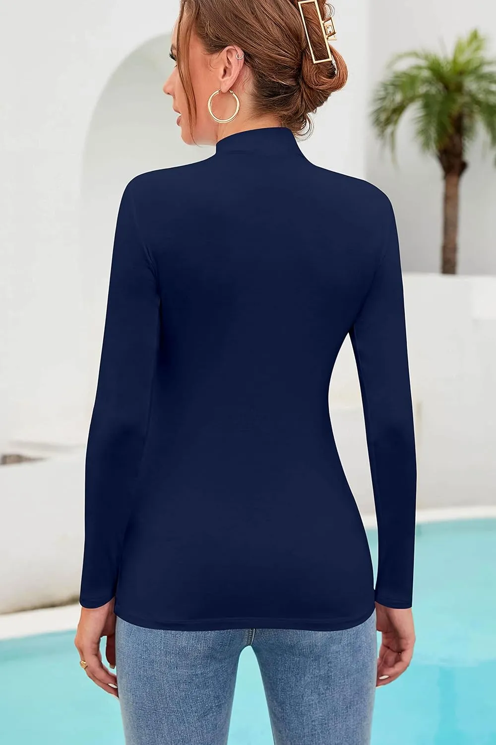 SHEIUGU Womens Long Sleeve Sleeveless Mock Turtle Neck Tops Basic Stretchy Fitted Underwear Layer Tee Shirts