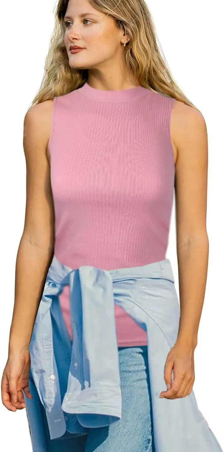 SUMONA Sleeveless Basic Everyday Casual Cotton Blend Mock High Neck Ribbed Fitted Tank Top