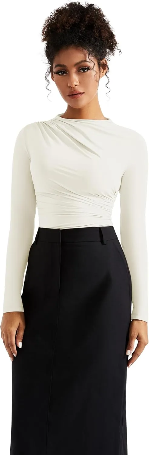 SUUKSESS Women Business Casual Long Sleeve Tops Double Lined Basic T Shirts