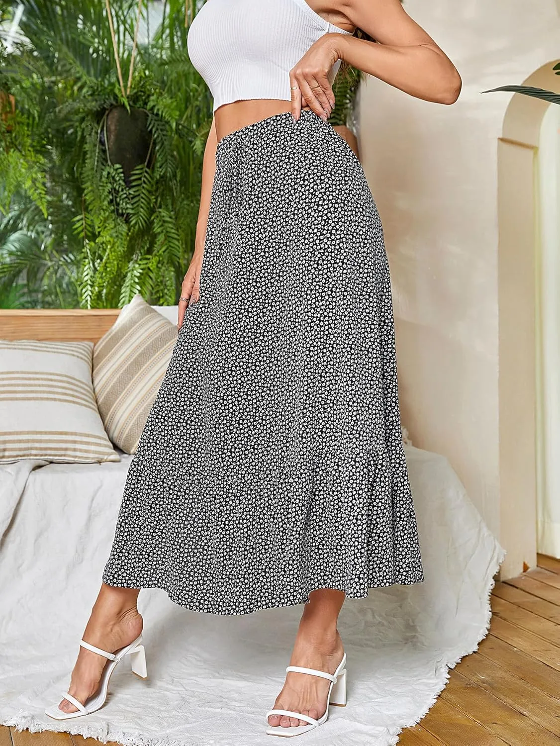 SweatyRocks Women's Casual High Waist Floral Print Skirt Split Thigh A Line Maxi Skirts