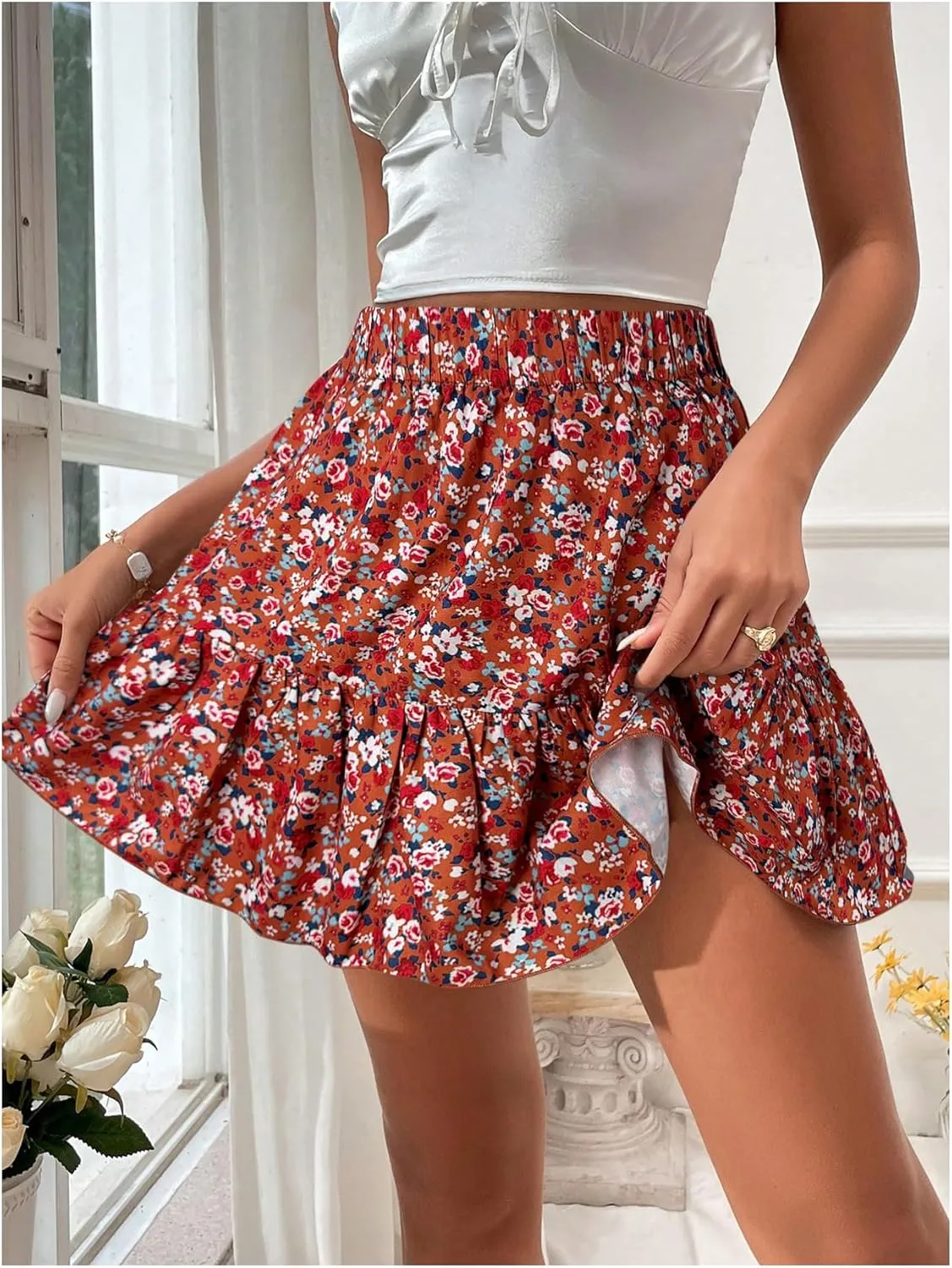SweatyRocks Women's Summer Boho Ruffle Skirts Floral Print Elastic Waist Flowy Beach Mini Skirt