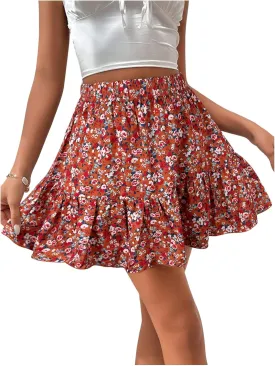 SweatyRocks Women's Summer Boho Ruffle Skirts Floral Print Elastic Waist Flowy Beach Mini Skirt