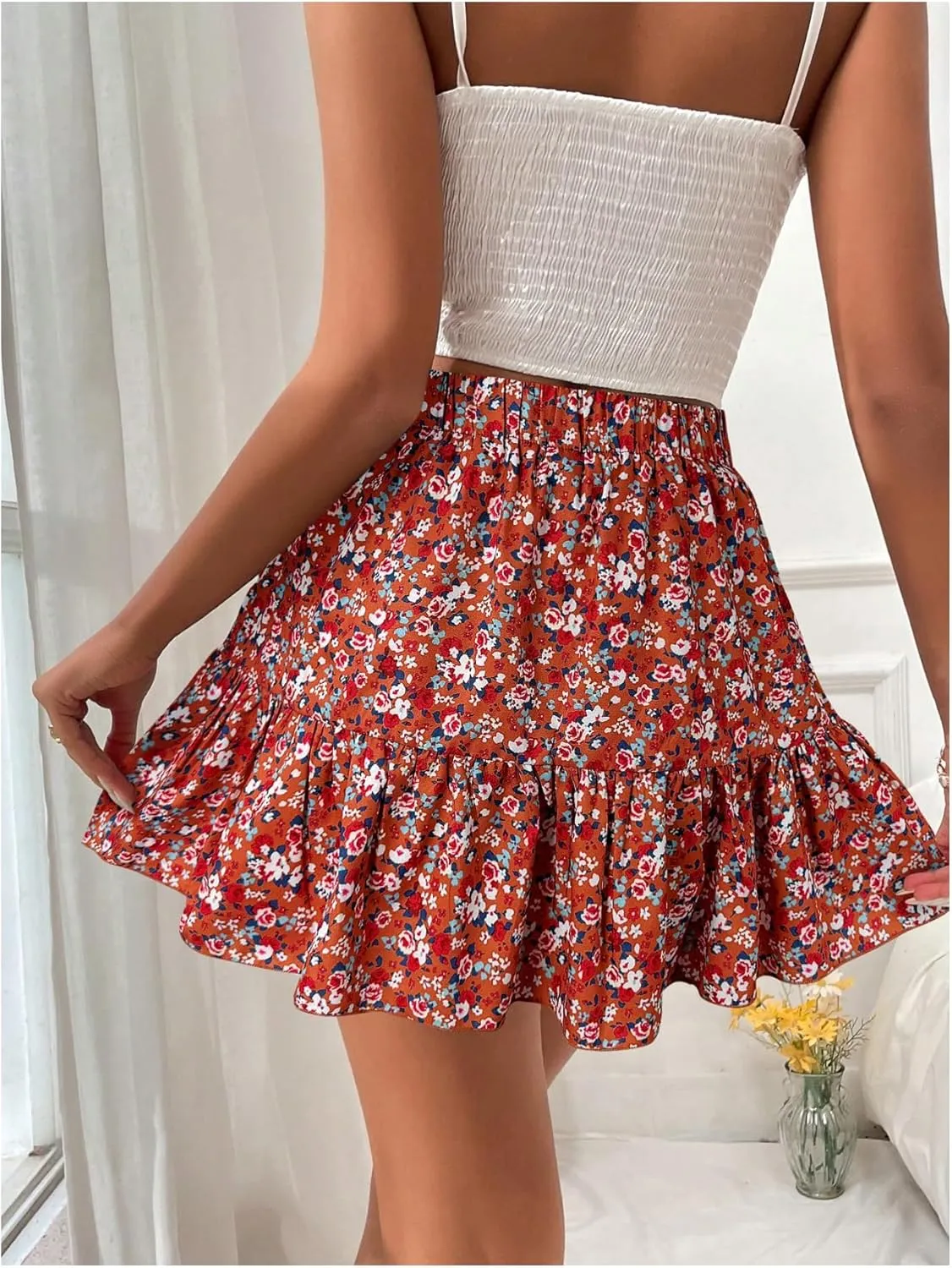 SweatyRocks Women's Summer Boho Ruffle Skirts Floral Print Elastic Waist Flowy Beach Mini Skirt