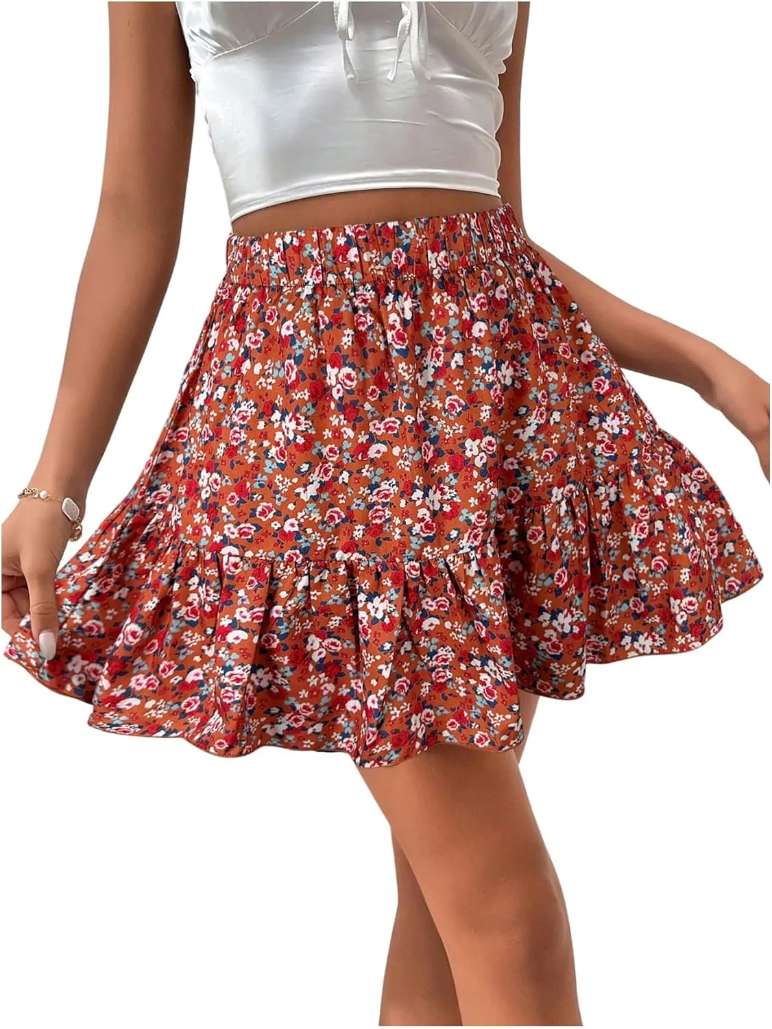 SweatyRocks Women's Summer Boho Ruffle Skirts Floral Print Elastic Waist Flowy Beach Mini Skirt
