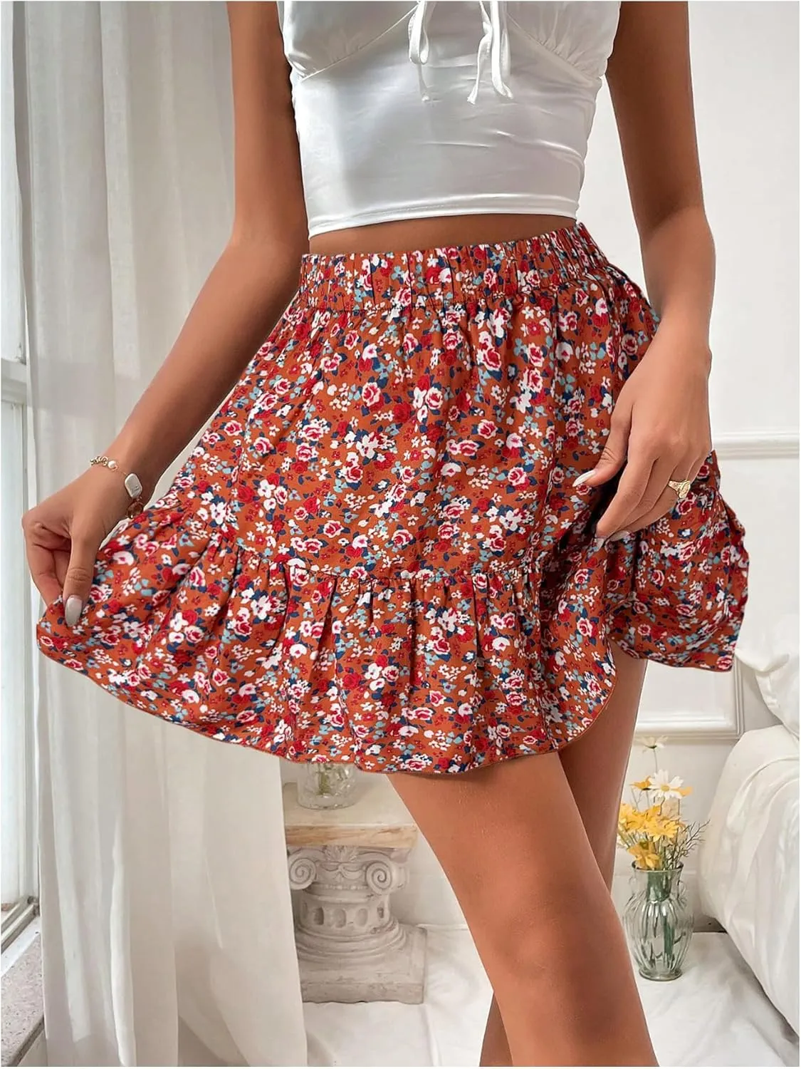 SweatyRocks Women's Summer Boho Ruffle Skirts Floral Print Elastic Waist Flowy Beach Mini Skirt