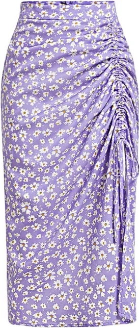 Verdusa Women's Ditsy Floral Print Ruched Skirt Split Thigh Casual Long Skirts