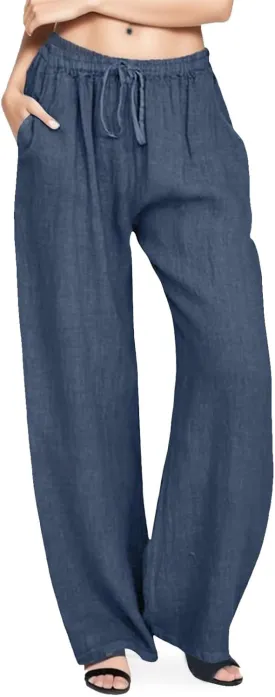 Wide Leg Linen Pants Women Summer Casual Linen Wide Leg Pants with Pockets Drawstring Beach Palazzo Pants Lounge Trousers, Large, #B9-navy