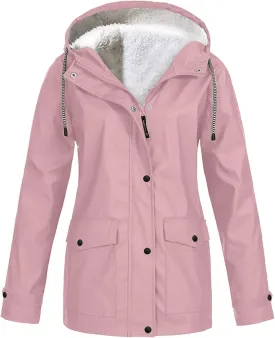 Winter Rain Coats for Women Waterproof Plus Size Hooded Rain Jackets Thicken Fleece Warm Raincoats with Pockets