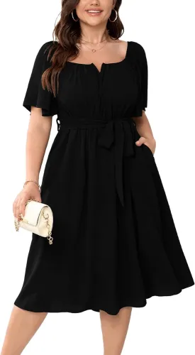 Women Plus Size Cocktail Dress Short Sleeve Square Neck Belted Elegant Flowy A Line Midi Dresses with Pockets