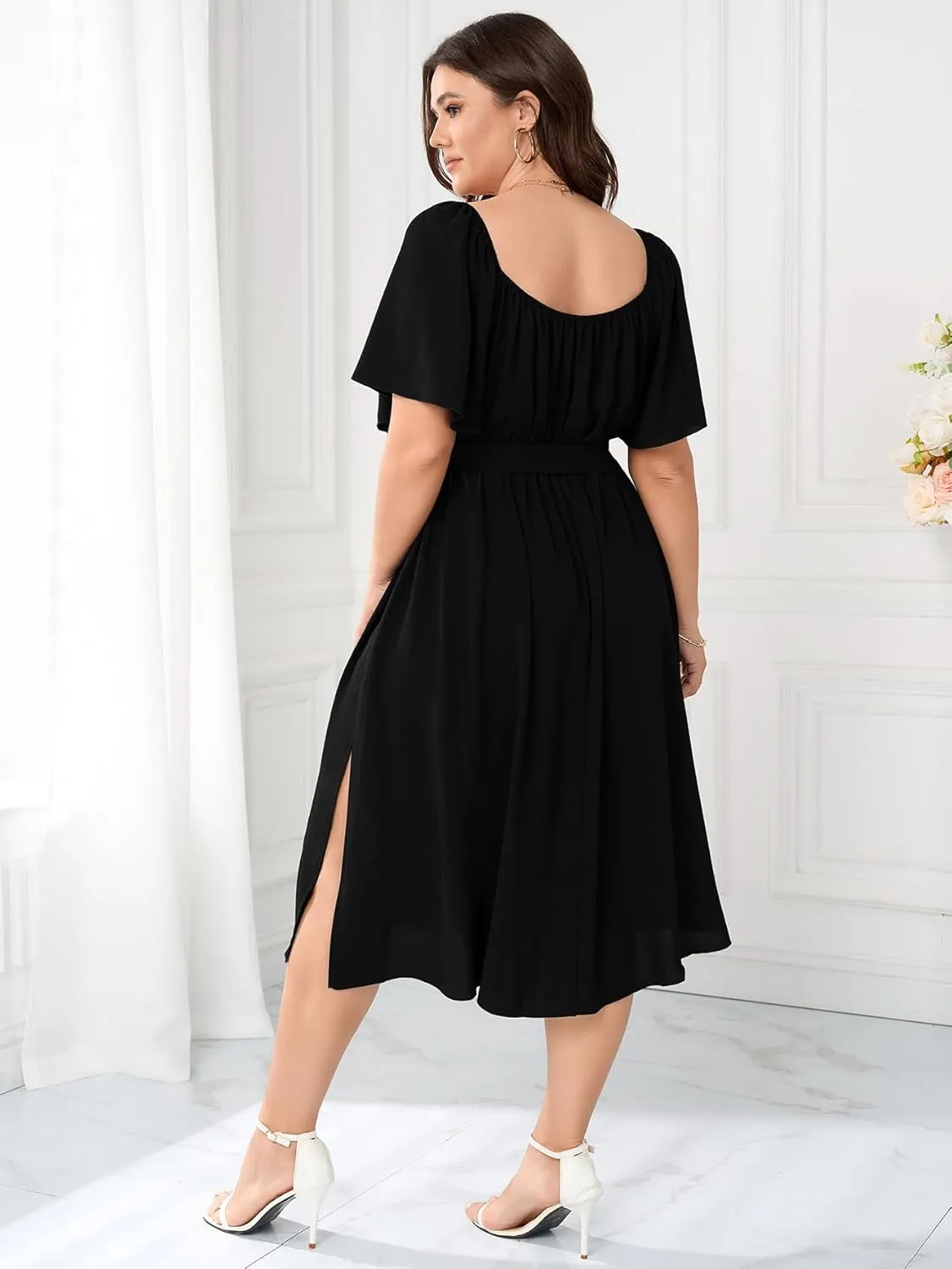 Women Plus Size Cocktail Dress Short Sleeve Square Neck Belted Elegant Flowy A Line Midi Dresses with Pockets