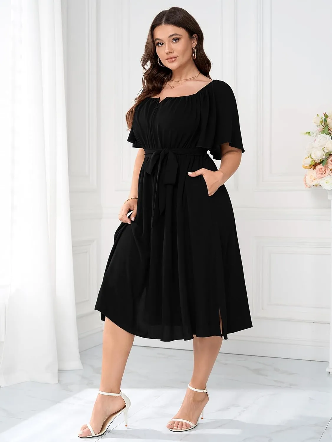 Women Plus Size Cocktail Dress Short Sleeve Square Neck Belted Elegant Flowy A Line Midi Dresses with Pockets
