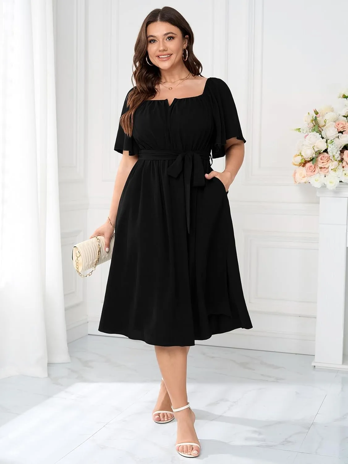 Women Plus Size Cocktail Dress Short Sleeve Square Neck Belted Elegant Flowy A Line Midi Dresses with Pockets
