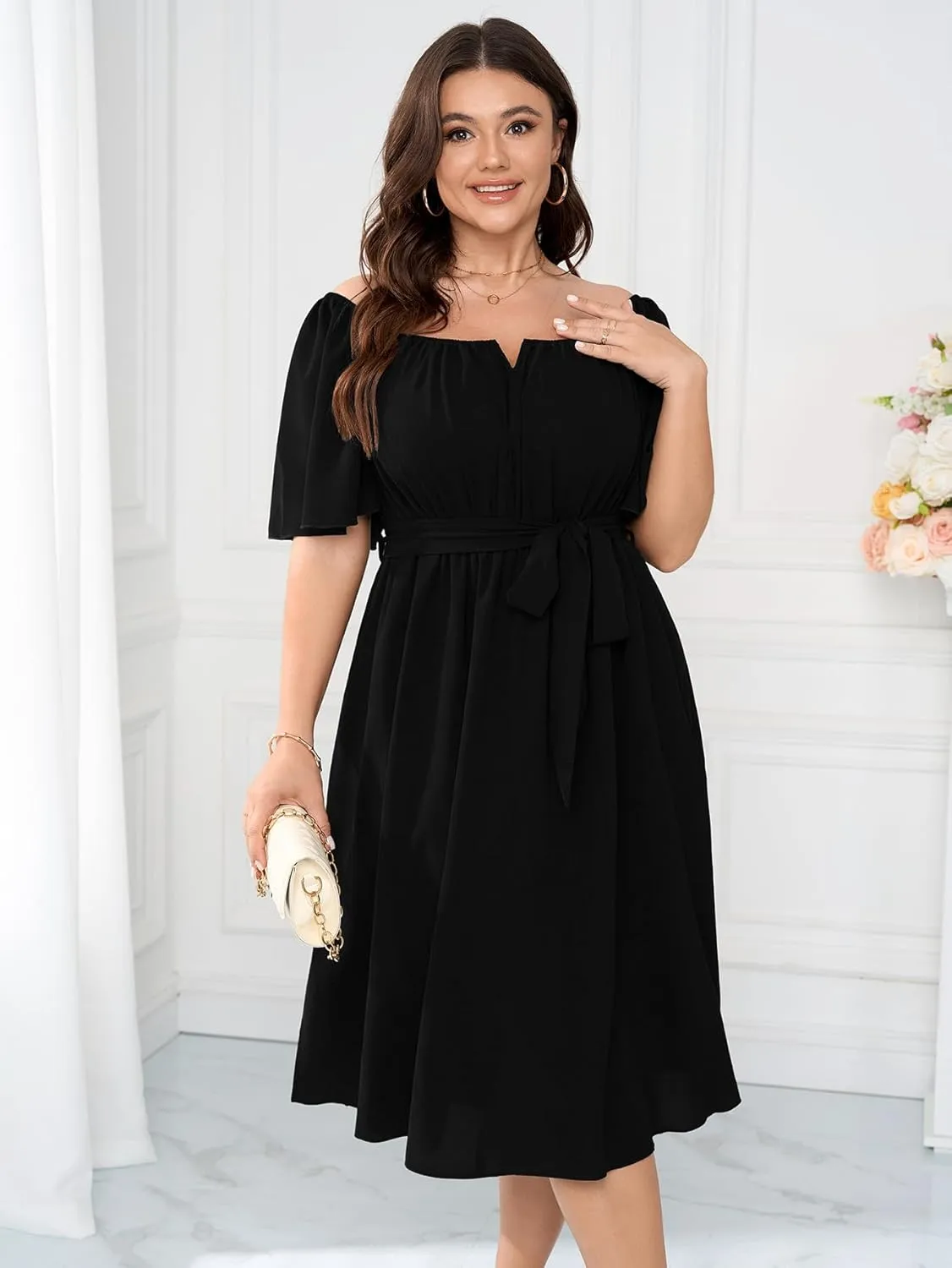 Women Plus Size Cocktail Dress Short Sleeve Square Neck Belted Elegant Flowy A Line Midi Dresses with Pockets