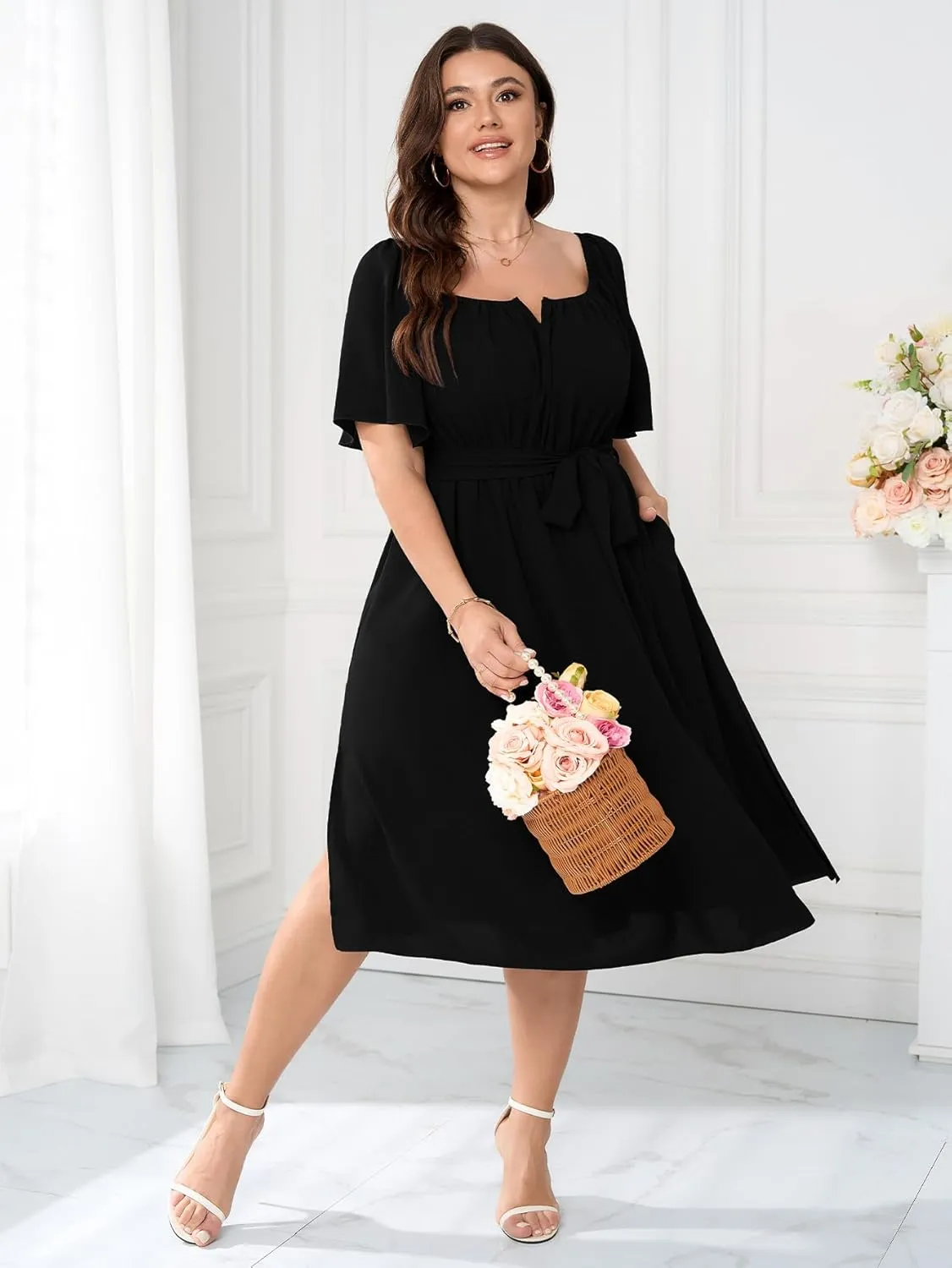 Women Plus Size Cocktail Dress Short Sleeve Square Neck Belted Elegant Flowy A Line Midi Dresses with Pockets