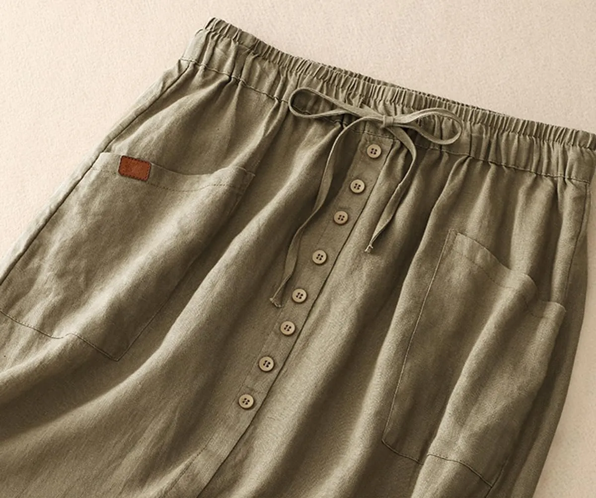 Womens Cotton Linen Skirts Casual Drawstring High Waist Skirt with Slit