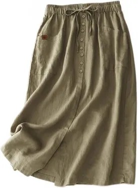 Womens Cotton Linen Skirts Casual Drawstring High Waist Skirt with Slit