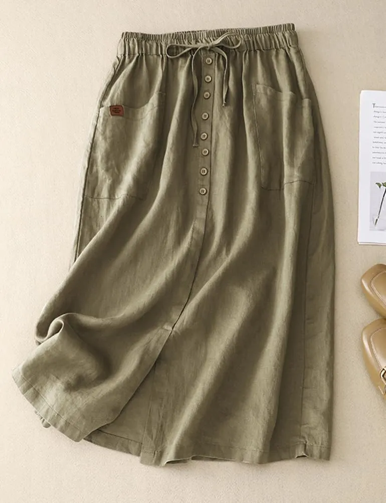 Womens Cotton Linen Skirts Casual Drawstring High Waist Skirt with Slit