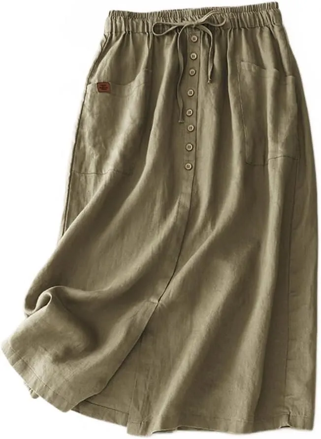 Womens Cotton Linen Skirts Casual Drawstring High Waist Skirt with Slit
