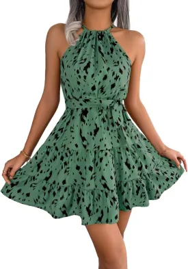 Women's Summer Dress Casual Halter Neck Sleeveless A Line Ruffle Dresses Party Beach Sun Dress
