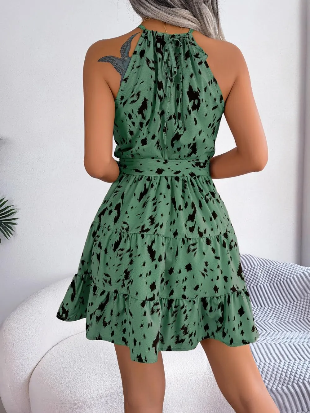 Women's Summer Dress Casual Halter Neck Sleeveless A Line Ruffle Dresses Party Beach Sun Dress